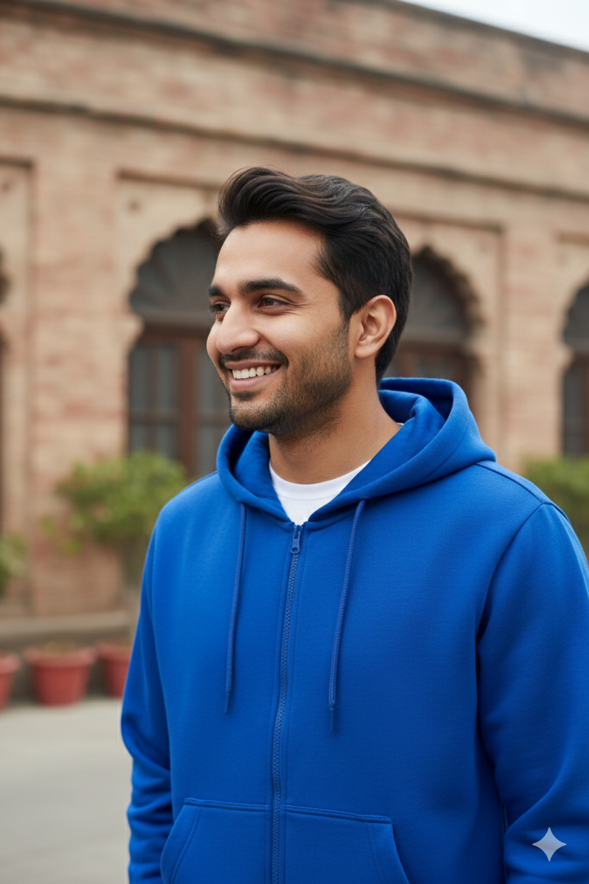 Royal Blue Zip Hoodie with Kangaroo Pocket