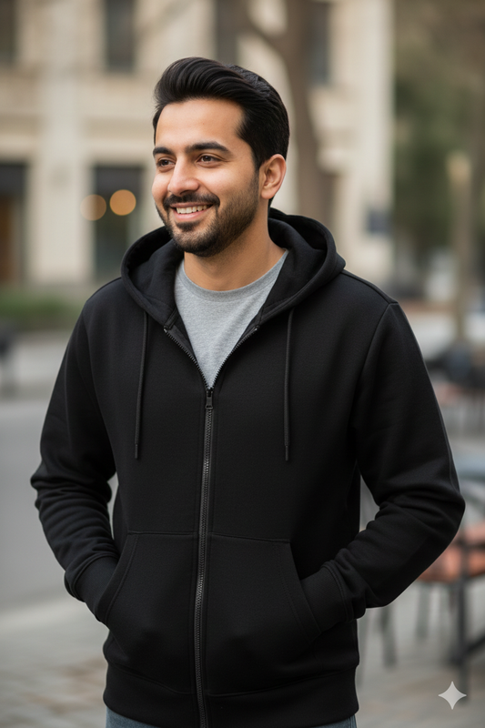 Black Zip Hoodie with Kangaroo Pocket