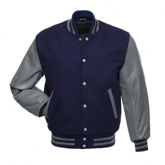 Navy Blue Letterman Jacket with Grey Leather Sleeves - Attire Arena