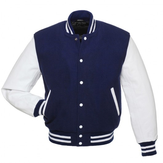 Navy Blue Letterman Jacket with White Leather Sleeves - Attire Arena